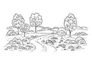 Ländliche Landschaft mit Straße und Baum. handgezeichnete illustration in vektor umgewandelt.