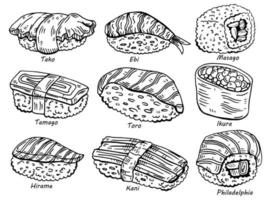 Sammlung asiatischer Lebensmittel. Sushi. Skizzenstil. vektor handgezeichnete illustration. isolierte objekte für design