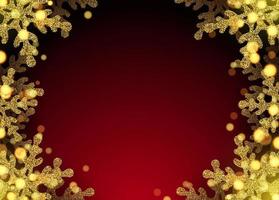 Weihnachtsbanner mit goldenen Schneeflocken und hellem Glitzer. Goldglitter und helles Bokeh. realistische Illustration des neuen Jahres 2022 auf rotem Hintergrund. Vektor. vektor