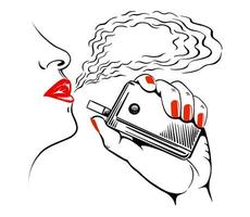 skizze eines weiblichen profils, mit rotem lippenstift bemalte lippen, atmet dampf aus. hand mit elektronischer zigarette, tabakheizsystem. von Hand gezeichnet. isoliert auf weißem Hintergrund. Vektor. vektor