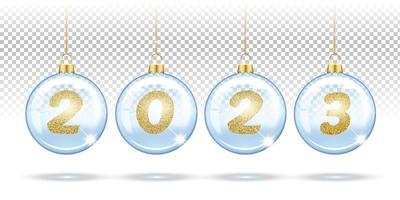 tal 2023 från guld paljetter i jul transparent bollar, jul träd dekorationer. festlig layout av banderoller, affischer, hälsning kort för de ny år. 3d realistisk på en vit bakgrund vektor
