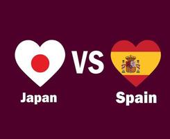 japan och Spanien flagga hjärta med namn symbol design Asien och Europa fotboll slutlig vektor asiatisk och europeisk länder fotboll lag illustration