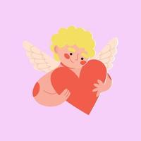 süßer geflügelter amor, der valentinstag für heiligen valentinstag hält. 14. februar. romantischer amur mit herz, kleine engel. zeichentrickfigur illustration. vektor
