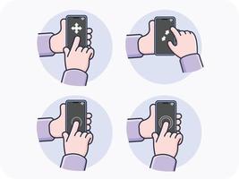 Handgesten mit einem Smartphone-Wischen von links nach rechts, von oben nach unten, hineinzoomen, herauszoomen, einmal tippen, zweimal tippen, Vektordesign und isolierter Hintergrund. vektor