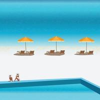 digitale Illustration eines Mädchens im Urlaub, das sich auf einer Insel auf Liegestühlen und Sonnenschirmen eines weißen Strandes entspannt vektor