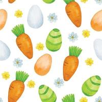 Aquarell Musterdesign für Ostern. süßer Druck mit Karotten und bemalten Ostereiern und Blumen auf weißem Hintergrund vektor