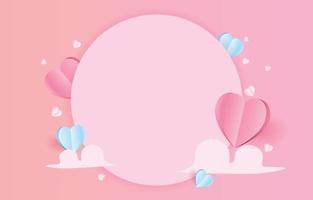 leeres papier schnitt hintergrundkreisform. mit rosa und blauen Origami-Herzen und Wolken dekorieren. illustration für valentinstag, muttertag. oder Tag der Liebe. Vektor-Grußkarte. vektor