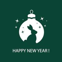 Frohes neues Jahr. Silhouetten von Hasen, Weihnachtskugeln und Sternen auf dunkelgrünem Hintergrund. minimalismus-designvorlagen für grußkarten, poster, banner für 2023. jahr des kaninchens. vektor