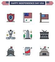 9 platt fylld linje tecken för USA oberoende dag monument Amerika stater amerikan is hockey redigerbar USA dag vektor design element