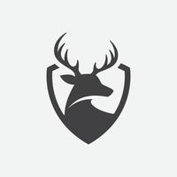 Hirsch und Schild-Logo-Design-Vorlage. Hirschkopf-Logo-Symbol, Hirschschild-Icon-Design-Illustration, Impala-Symbol vektor