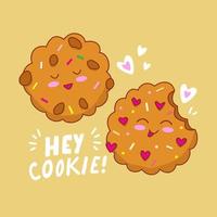 süße kawaii choco chip cookies. Zeichentrickfigur mit Hey-Cookie-Schild. vektor