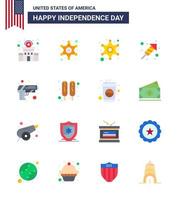 Usa Happy Independence DayPiktogrammsatz von 16 einfachen Wohnungen von Hotdog-Waffen-Feuerwerk-Armeegewehr editierbaren Usa-Tag-Vektordesign-Elementen vektor