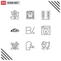 Stock Vector Icon Pack mit 9 Zeilenzeichen und Symbolen für Währungssonnengetreide Berglandschaft editierbare Vektordesign-Elemente