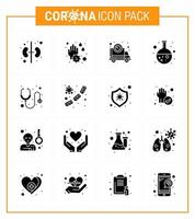 covid19-Symbolsatz für Infografik 16 solides Glyphen-Schwarzpaket wie Krankenhausforschung Corona-Labortest virales Coronavirus 2019nov-Krankheitsvektor-Designelemente vektor