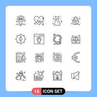 Stock Vector Icon Pack mit 16 Zeilen Zeichen und Symbolen für Hilfe Kontakt Bluse Kittel Süßigkeiten Essen editierbare Vektordesign-Elemente