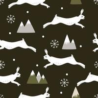 süße handgezeichnete hasen, die zwischen schneebedeckten bergen auf schwarzem hintergrund herumtollen. nahtloses vektormuster im skandinavischen stil für neujahrs- und weihnachtsfeier vektor