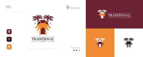 traditionelles hüttenlogodesign mit kokosnussbaumillustration. Dorfhaus-Logo oder -Symbol. geeignet für hotel-, resort-, reise-, tourismus- und unterkunftsfirmenlogo vektor