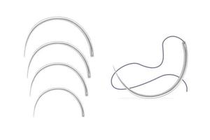kirurgisk nålar uppsättning och bifogad sutur material. dubbel- typ av snörhål. tecknad serie stil. vektor illustration isolerat på vit bakgrund.