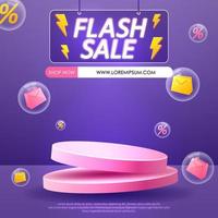 Flash-Sale-Promo-Banner-Vorlage mit Podium und fliegendem Rabattetikett, Verkaufs- und Rabatthintergrund. Vektor-Illustration vektor