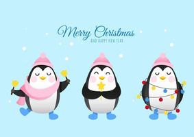 tre söt pingviner med en ny år krans önskar glad jul vektor
