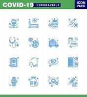 16 blaue Virus-Corona-Icon-Packs wie Gesundheitswesen-Syring-Pflege-Medizin-Zigaretten-Virus-Coronavirus 2019nov-Krankheitsvektor-Designelemente vektor