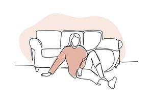 ett vuxen kvinna koppla av Nästa till de soffa. ett kontinuerlig linje teckning hand dragen design typ för hygge begrepp vektor