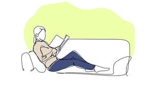 eine erwachsene frau entspannt sich auf der couch und liest ein buch. ein handgezeichneter designtyp mit durchgehender linie für das hygge-konzept vektor
