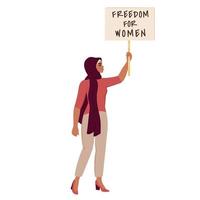 kvinnors rättigheter. iranian kvinna protest. arabicum kvinna i hijab och mode kläder innehav plakat med text. begrepp av enhet, frihet, diskriminering. muslim asiatisk kvinna karaktär isolerat. vektor