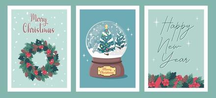 uppsättning av jul kort. Lycklig ny år flygblad mall. gran träd, snö glas boll, jul krans, hälsning text. mängd av vinter- Semester. vektor tecknad serie platt illustration