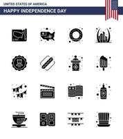 Lycklig oberoende dag 4:e juli uppsättning av 16 fast glyfer amerikan pictograph av amerikan USA byggnad tecken glas redigerbar USA dag vektor design element