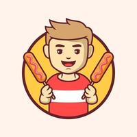 Corn Dog Street Food Logo mit niedlichem Cartoon-Jungen vektor