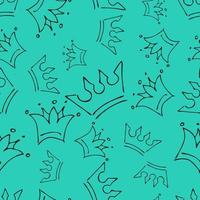 hand dragen kronor. sömlös mönster av enkel graffiti skiss drottning eller kung kronor. kunglig kejserlig kröning och monark symboler. svart borsta klotter isolerat på blå bakgrund. vektor illustration.