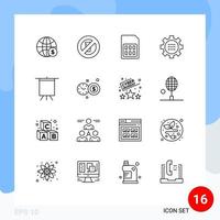 universelle Symbolsymbole Gruppe von 16 modernen Umrissen von Optionen Konfiguration Ramadan Cog Sim editierbare Vektordesign-Elemente vektor