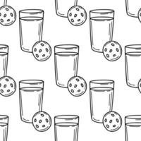 sömlös mönster med glas av mjölk och kex illustration i klotter stil vektor