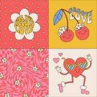 Hippie-Retro-Vintage-Valentinstag-Banner im Stil der 70er-80er Jahre. handgezeichnete vektorillustration von groovigen herz- und kirschfiguren, typografiedesign und verzerrtem muster. vektor