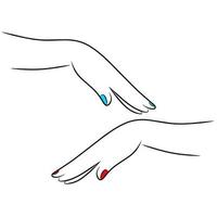 elegant eleganta kvinnas hand översikt på en vit bakgrund. vektor illustration av kvinna händer med röd och blå spikar. perfekt för skönhet logotyper, hud blekning krämer och salonger.