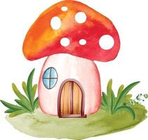 Aquarell magische Gnomenhausillustration, Fantasiefeengartenhaus mit Holztür und grünen Blättern für Karikaturillustration, Karten, Einladungen, T-Shirts vektor