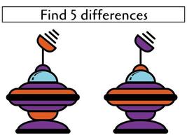 hitta 5 skillnader i klotter ufo, barn inlärning sida vektor