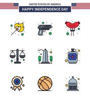 Usa Happy Independence Day Piktogrammsatz aus 9 einfachen, flach gefüllten Sichtlinien Wahrzeichen Lebensmittelskala Gerechtigkeit editierbare Usa Day Vektordesign-Elemente vektor