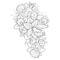 Reihe von dekorativen stilisierten Narzissen, blühende Narzissenblume isoliert auf weißem Hintergrund. sehr detaillierte Vektorgrafik, Kritzeln und Zentangle-Stil, Tattoo-Design vektor