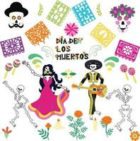 tag der toten, fiesta dia de los muertos, skelett in mexikanischen kostümen und sombrero, musik und tanz. Vektor-Illustration.