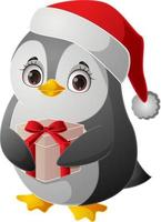 süßer pinguin in weihnachtsmütze mit geschenkbox vektor