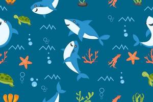 Haie Muster. Cartoon-Hai, Algendruck. Sea Wildlife, Unterwasserwelt Vektor nahtlose Textur