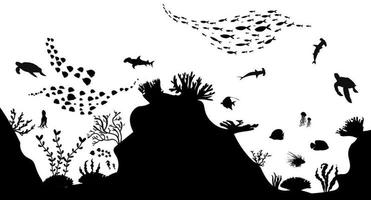 Silhouette des Korallenriffs mit Fischen auf weißem Meereshintergrund Unterwasservektorillustration vektor