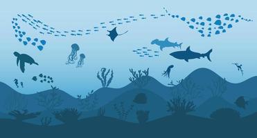 Silhouette des Korallenriffs mit Fischen auf blauem Meereshintergrund Unterwasservektorillustration vektor