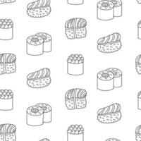 sömlös mönster bakgrund med sushi hand dragen doodles. kontur teckning, enkel linje vektor bakgrund, skriva ut, tapet.