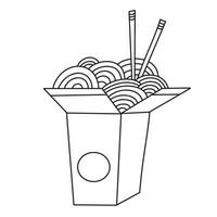 traditionell wok spaghetti i ta ut kartong låda med ätpinnar. asiatisk mat. översikt klotter, kontur teckning, färg sida. vektor illustration isolerat på vit bakgrund