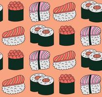 sömlös mönster bakgrund med ljus söt sushi hand dragen doodles. kontur teckning med översikt, asiatisk mat vektor illustration bakgrund, skriva ut, tapet