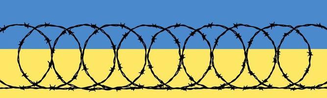 ukrainische Flagge hinter Stacheldrahtzaun. Stoppen Sie das Kriegskonzept. bete für die Ukraine vektor