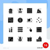 Gruppe von 16 modernen soliden Glyphen, die für editierbare Vektordesign-Elemente für den Bau von Webbrowser-Inhalten festgelegt werden vektor
